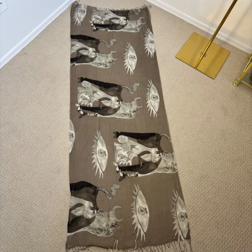 Picasso Guernica Print Scarf, Taupe Black Oversized Rectangle Silk Cotton Blend